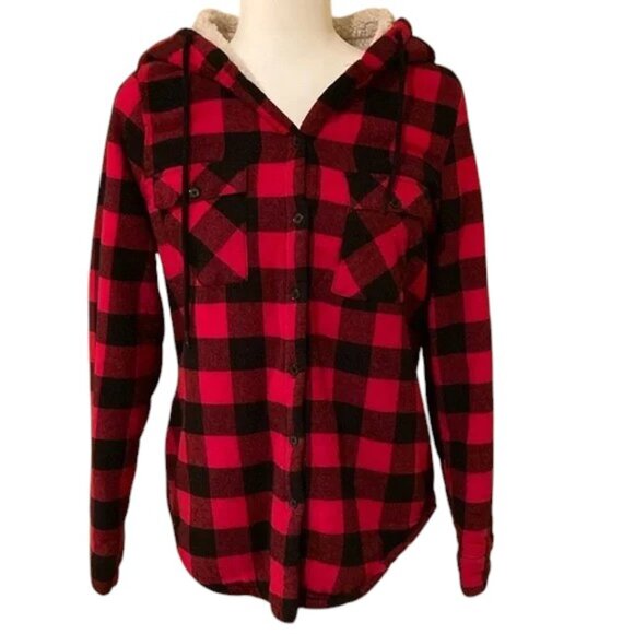 Bluenotes Red and Black Plaid Shacket Style Hoodie with Sherpa Lining - Picture 1 of 6